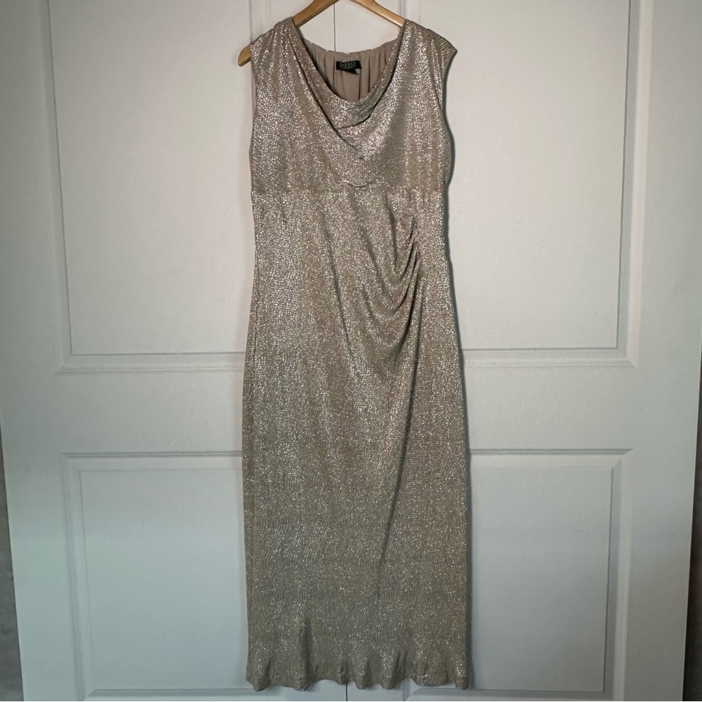 Lauren Ralph Lauren Shimmering Gold Dress Long Slit on Side